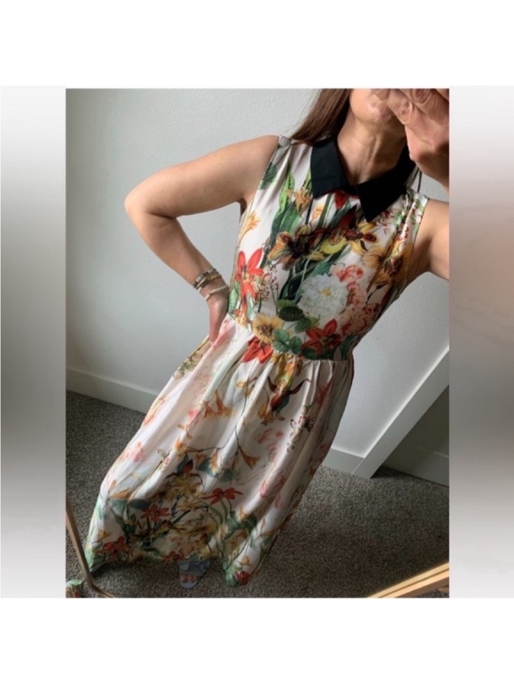 Floral Satin Sleeveless Maxi Dress Size S Collared Lined Black ivory Green